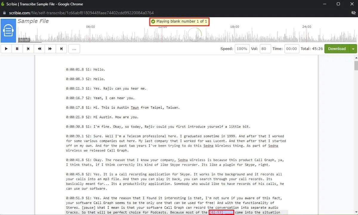 Exemplo de uma transcrição feita pelo Scribie