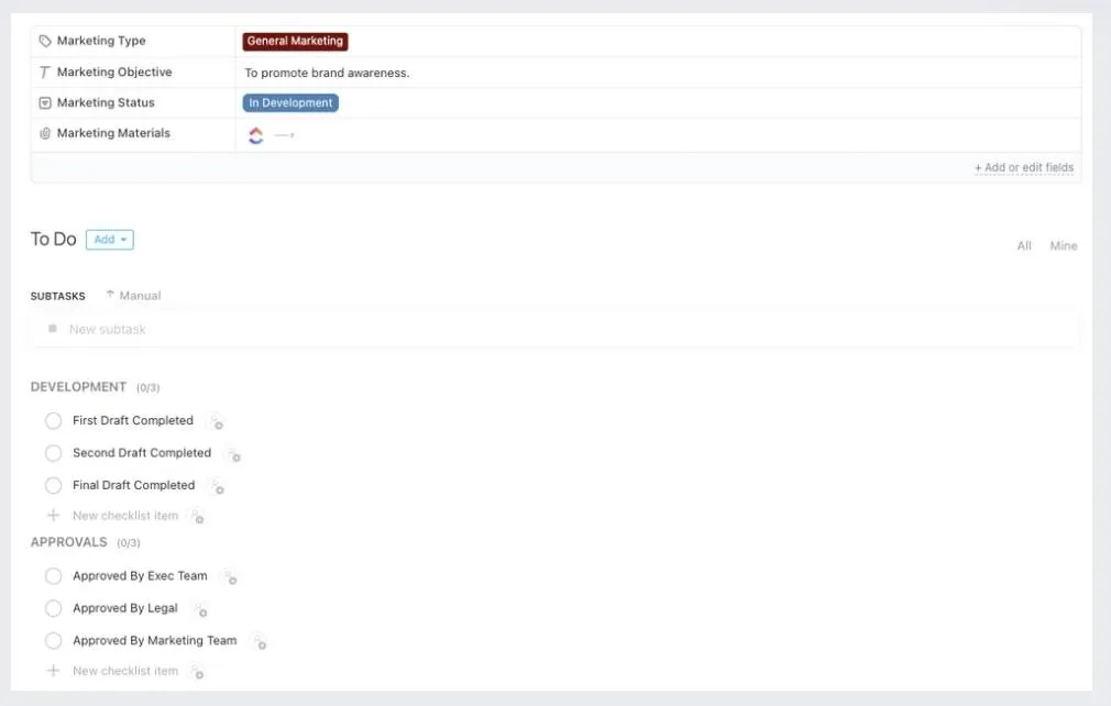 Créez sans effort des tâches marketing entièrement personnalisables grâce au modèle de publicité de ClickUp