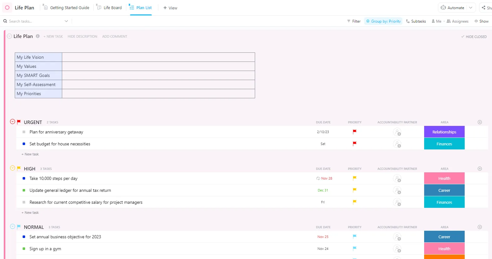 เทมเพลตแผน 5 ปี: เทมเพลตแผนชีวิต ClickUp