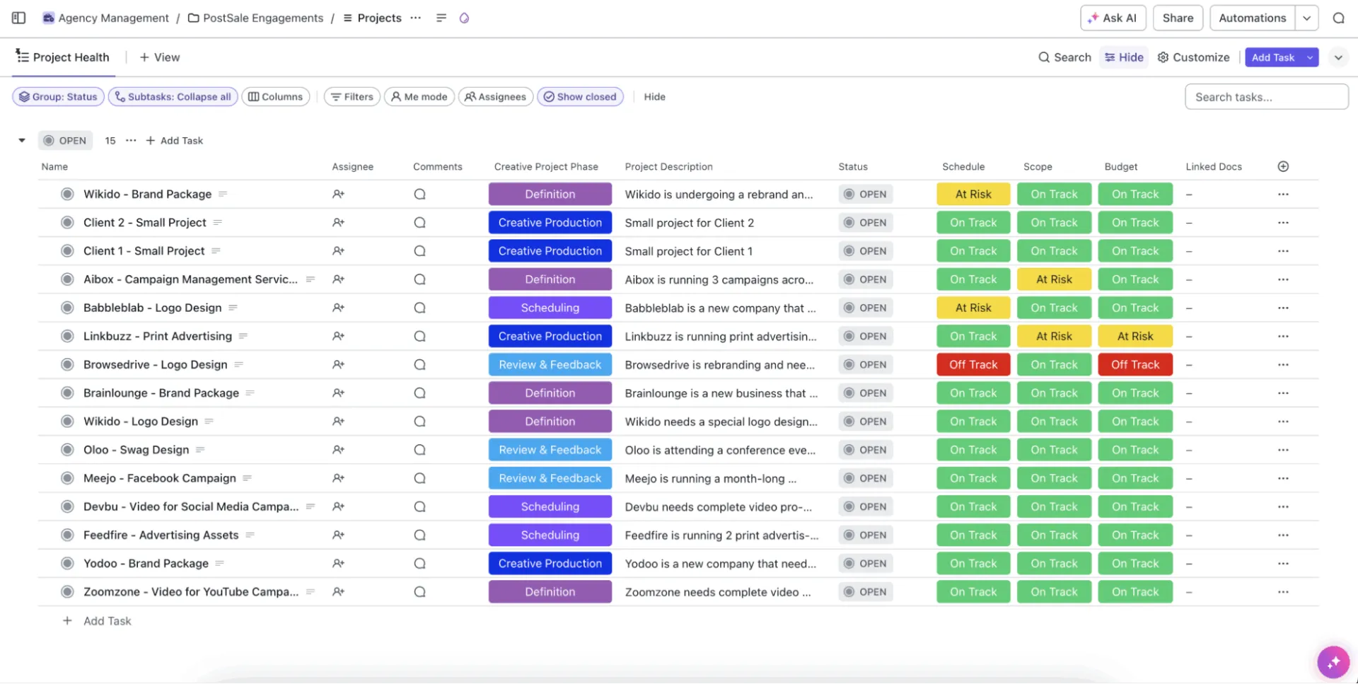Modèle de gestion d'agence ClickUp