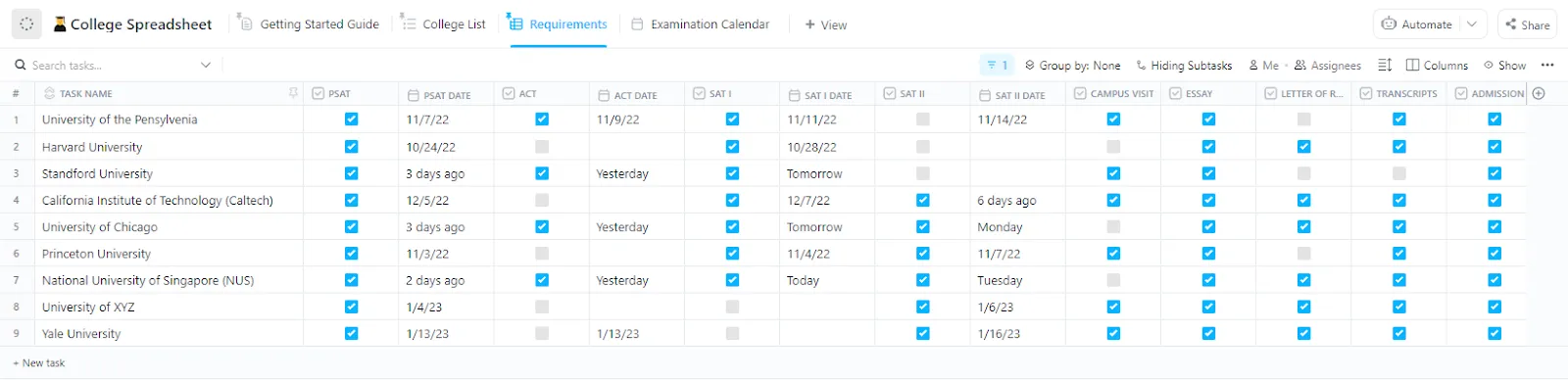 قالب جدول بيانات ClickUp College: قالب متتبع المهام