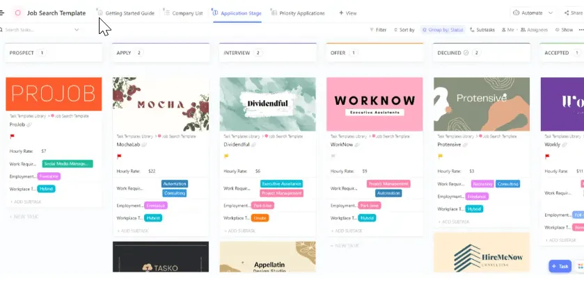 Suivez et gérez votre processus de recherche d'emploi à l'aide du modèle ClickUp Job Search Template (pour débutants).