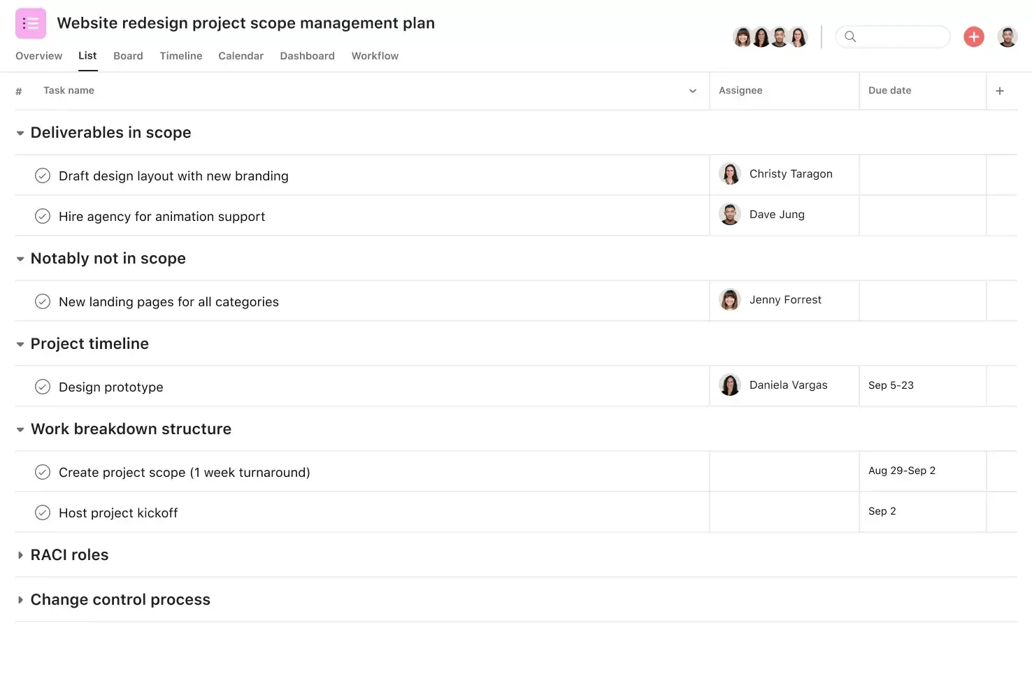 Modello di piano di gestione dell'ambito del progetto Asana