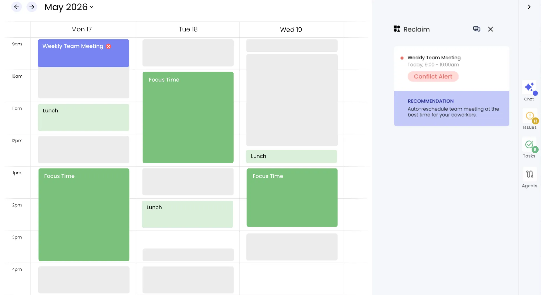Bescherm je concentratietijd met de conflictwaarschuwingen en automatische herschikking van de Reclaim.ai-tool voor het optimaliseren van je agenda