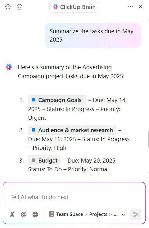ClickUp Brain: alternativa a Excel per Mac