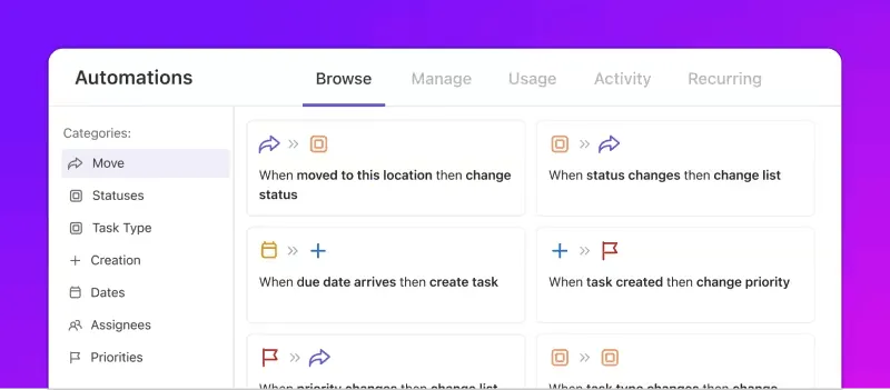 Utilisez les automatisations ClickUp pour envoyer des notifications, modifier le statut et déplacer des fichiers d'un emplacement à un autre.