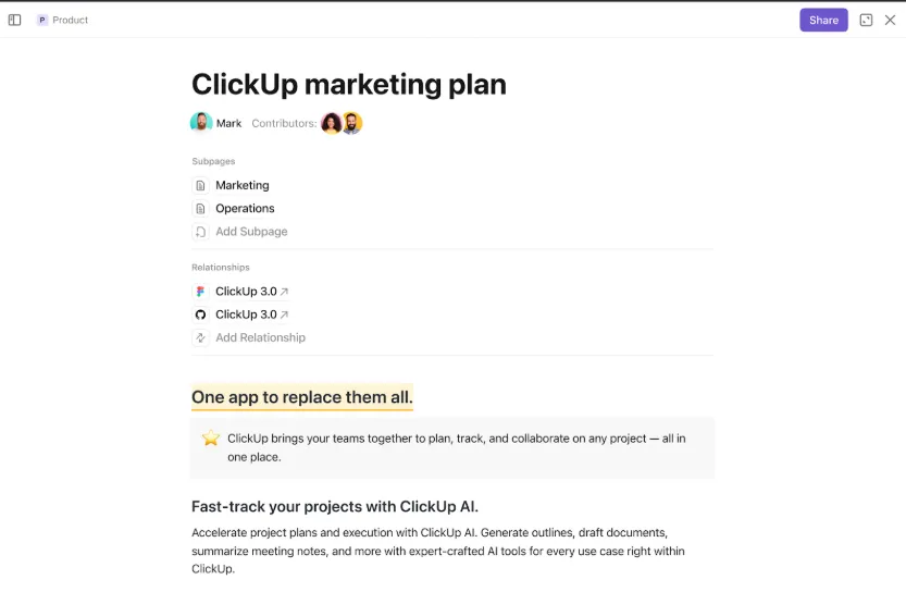 ClickUp Docs : Modèle de plan de dissertation