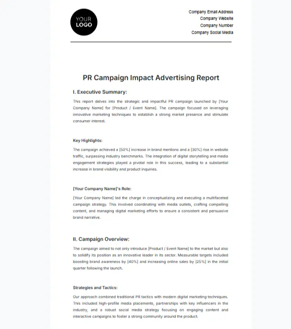 Szablon raportu reklamowego dotyczącego wpływu kampanii PR autorstwa Template.Net