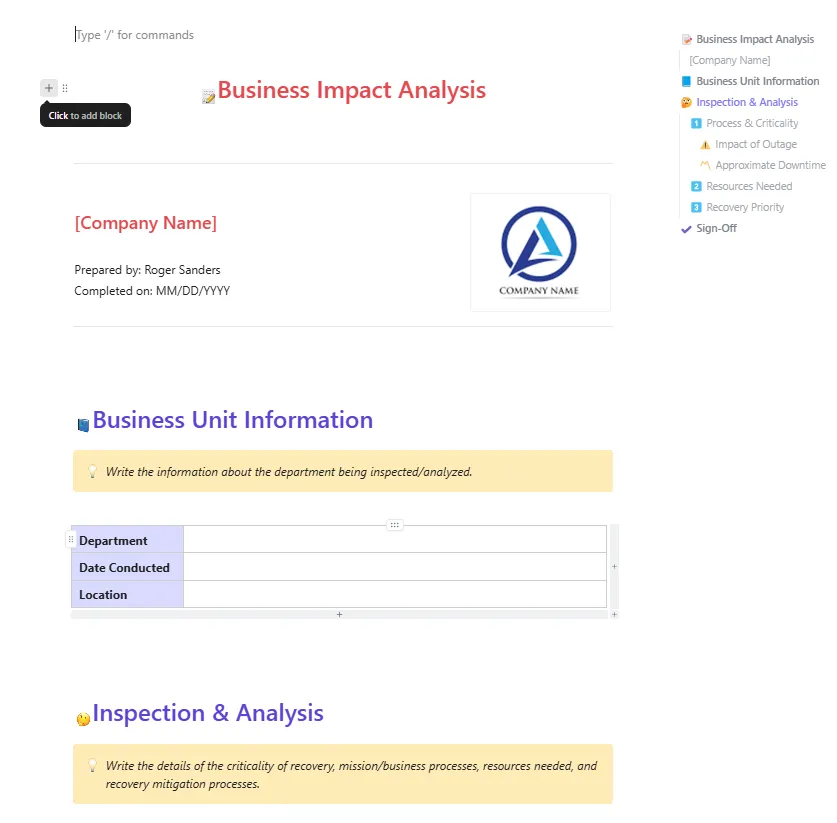 เทมเพลตการวิเคราะห์ผลกระทบทางธุรกิจของ ClickUp