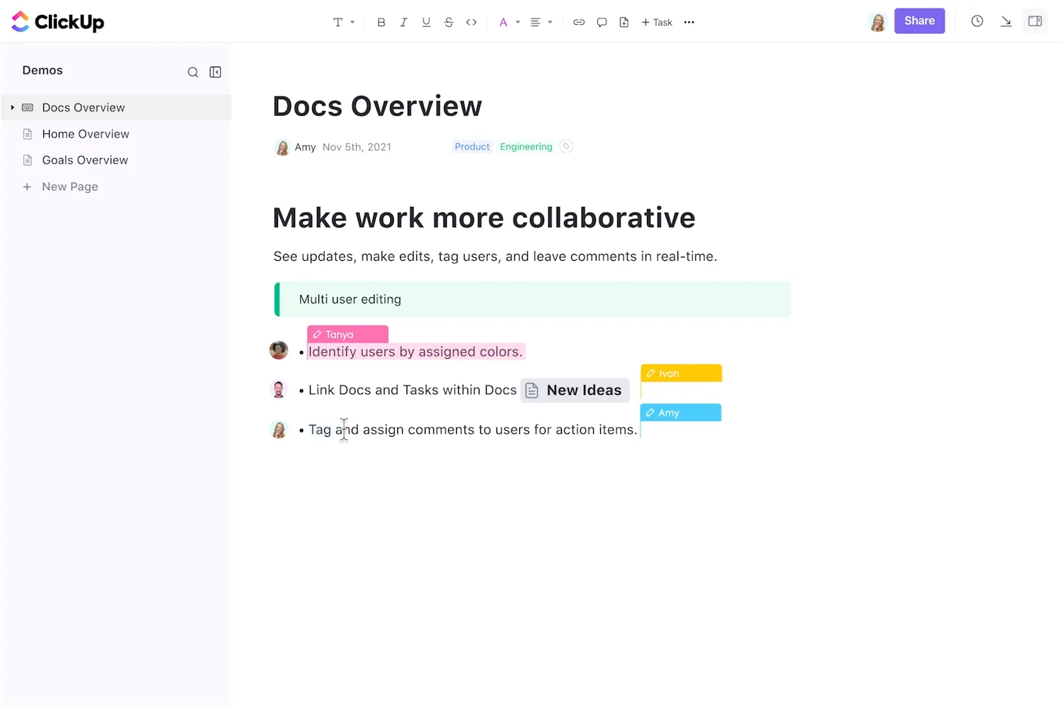 Zjednodušte sdílení zdrojů a spolupráci pomocí ClickUp Docs.