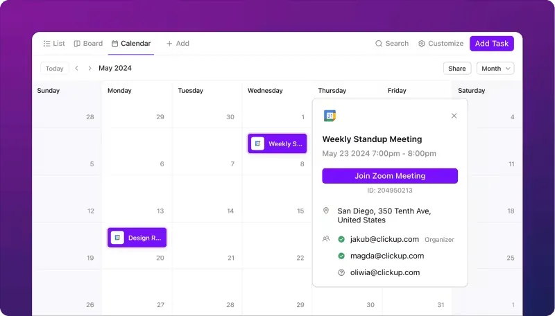 Planen und verwalten Sie alle Ihre Meetings an einem Ort mit der Kalender-Ansicht von ClickUp.