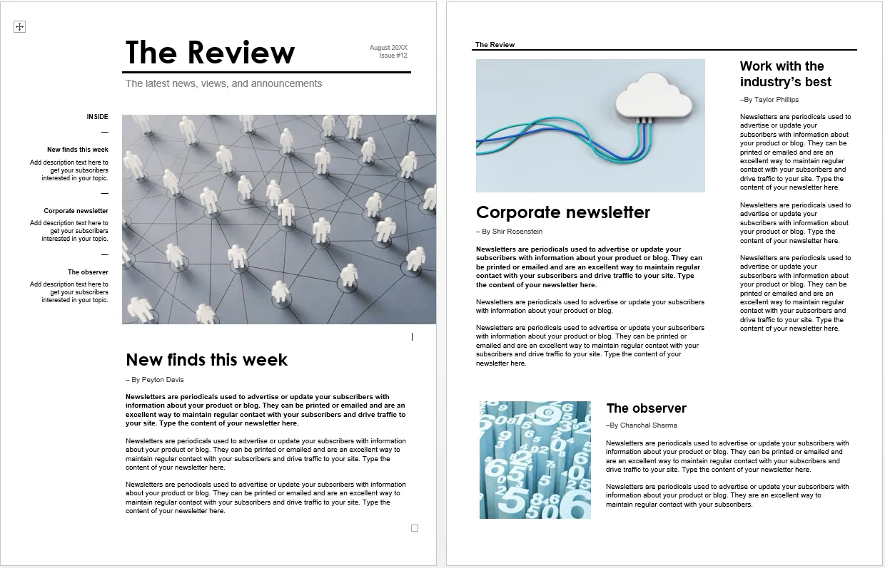 Capture d'écran du modèle de newsletter d'entreprise Word de Microsoft