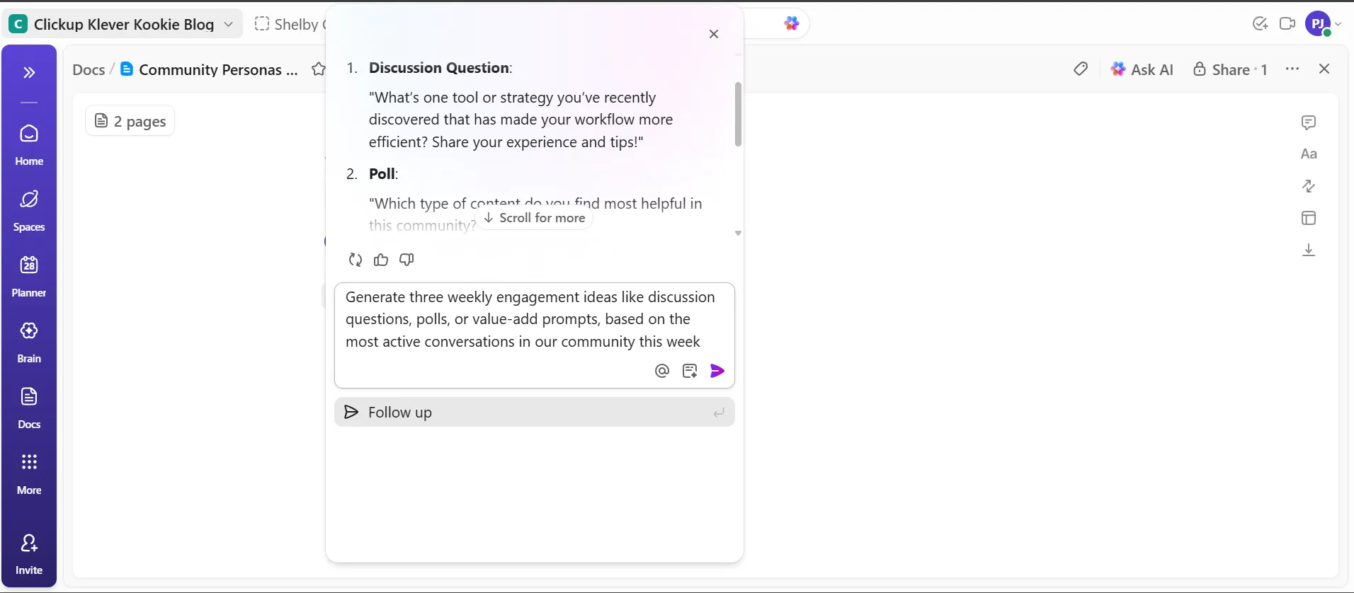 ClickUp Brain (katılım uyarıları): AI, haftalık yeni uyarılar için konuların genel bir özetini sunar.