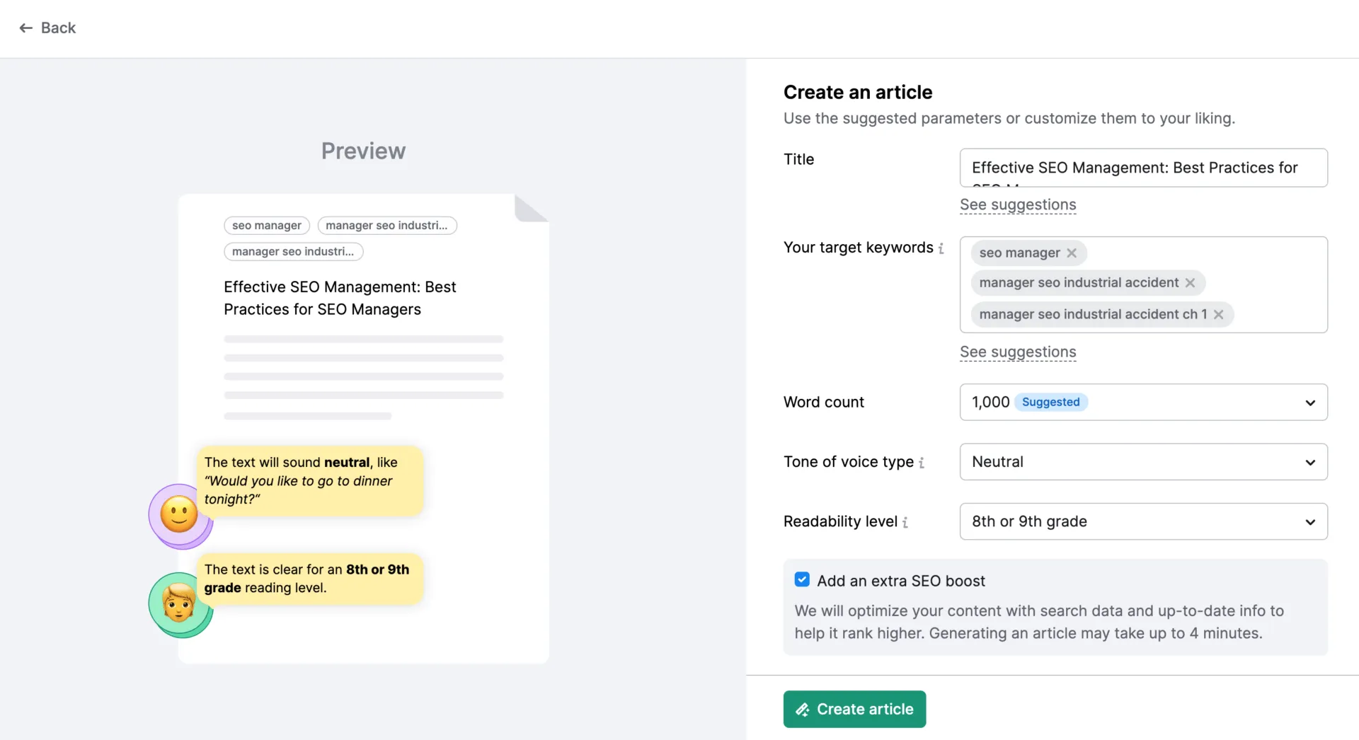 Ottimizzazione SEO per gli articoli in ContentShake AI, uno dei più noti strumenti di IA per i podcaster dedicati alla ricerca