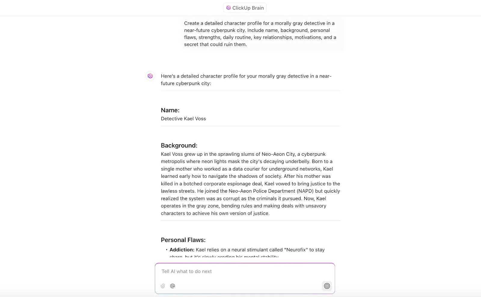 Modèle de fiche de caractère : débloquez des histoires plus intelligentes — construisez des caractères complexes en quelques secondes avec ClickUp Brain.