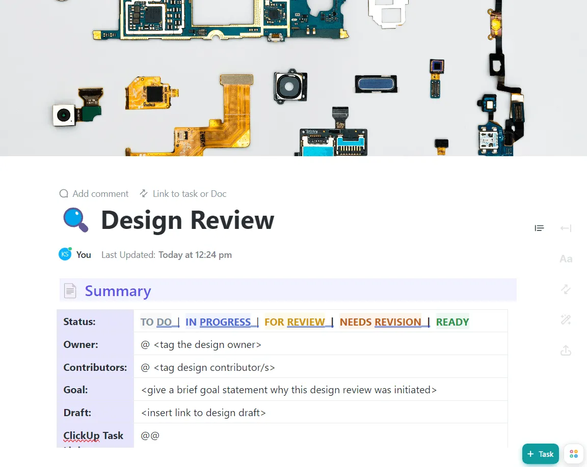 ClickUp의 디자인 검토 템플릿은 팀이 검토 프로세스를 효율화할 수 있도록 돕기 위해 설계되었습니다