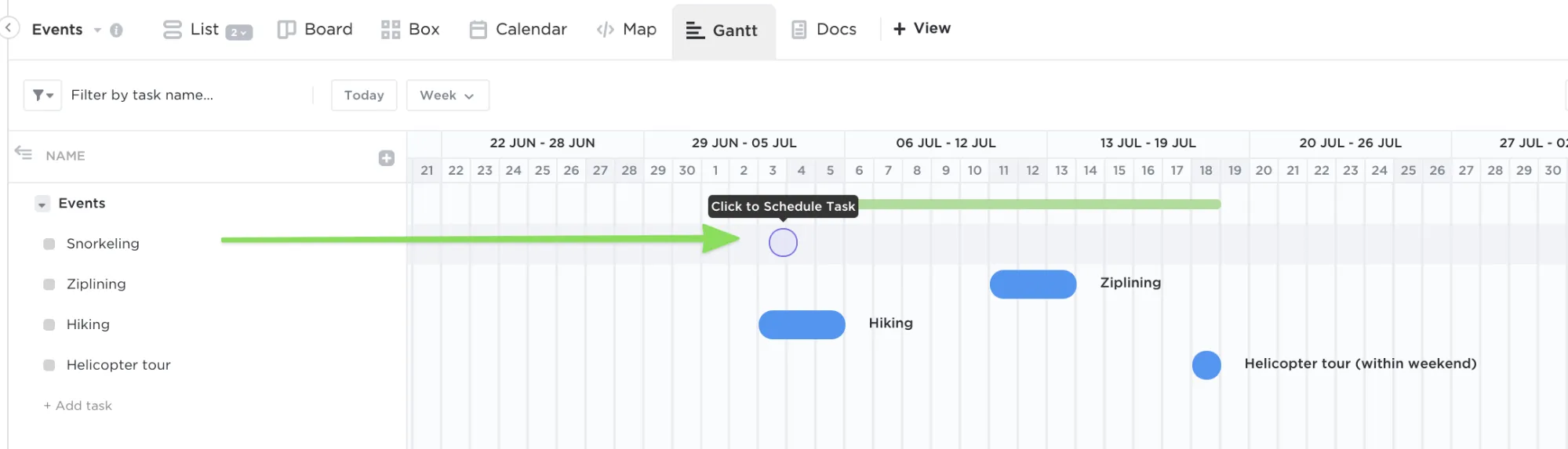 Tarea programada en el diagrama de Gantt en ClickUp