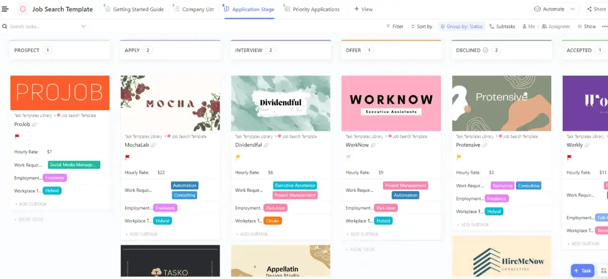 เทมเพลตการค้นหางานของ ClickUp ถูกออกแบบมาเพื่อช่วยให้คุณติดตามการค้นหางานของคุณในที่เดียว
