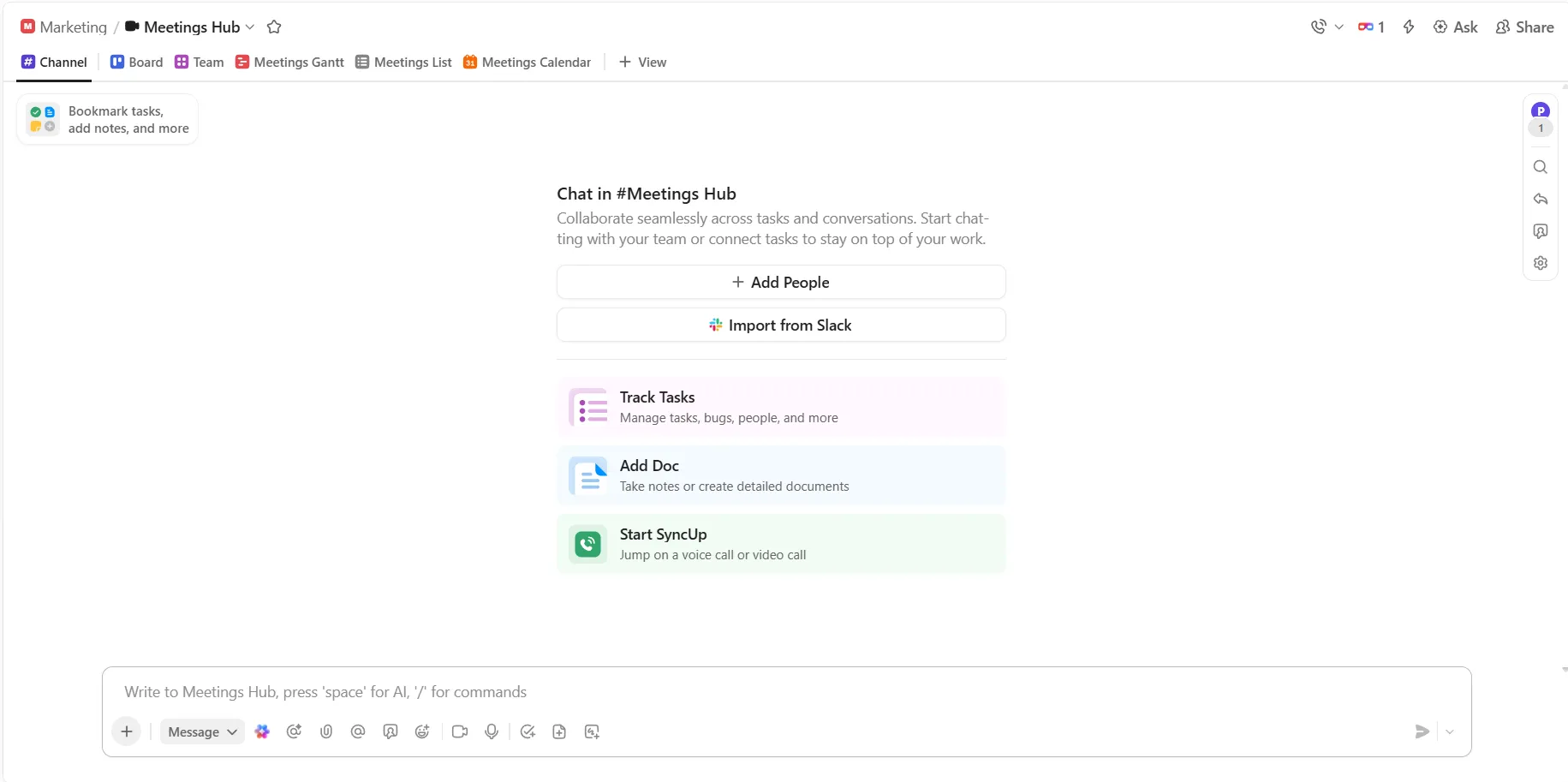 ClickUp Chat: أنشئ قناة اجتماعات غير متزامنة مخصصة لتقليل الاجتماعات المباشرة غير الضرورية.