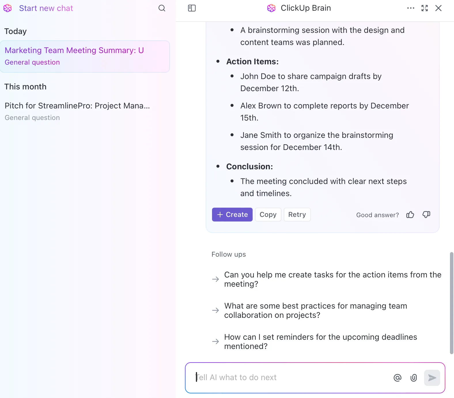 สร้างสรุปสำหรับบันทึกการประชุมของคุณด้วย ClickUp Brain