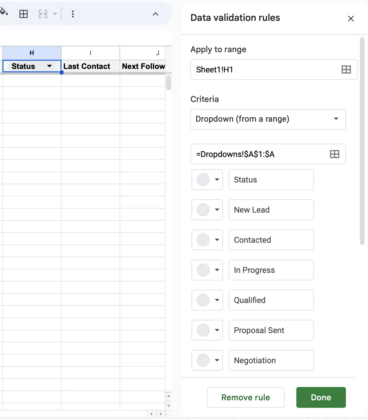 Ajouter des valeurs au menu déroulant dans Google Sheets
Feuille de calcul CRM