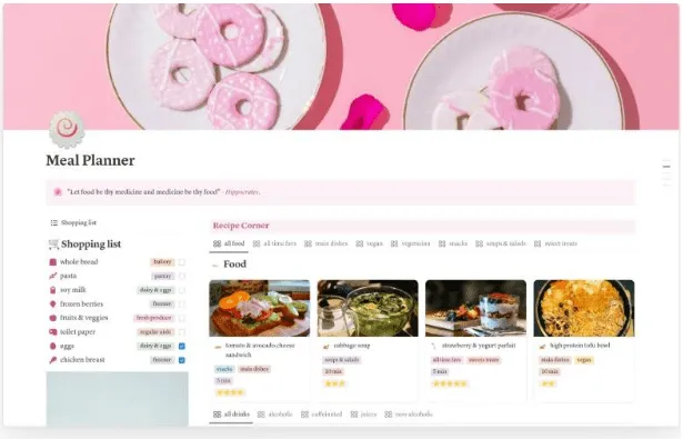 Template Jurnal Notion: Template Perencana Makanan Estetika Pink