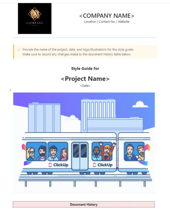 Die Style-Guide-Vorlage von ClickUp wurde entwickelt, um Teams dabei zu helfen, die Markenkonsistenz über alle ihre Design-Assets hinweg zu gewährleisten.