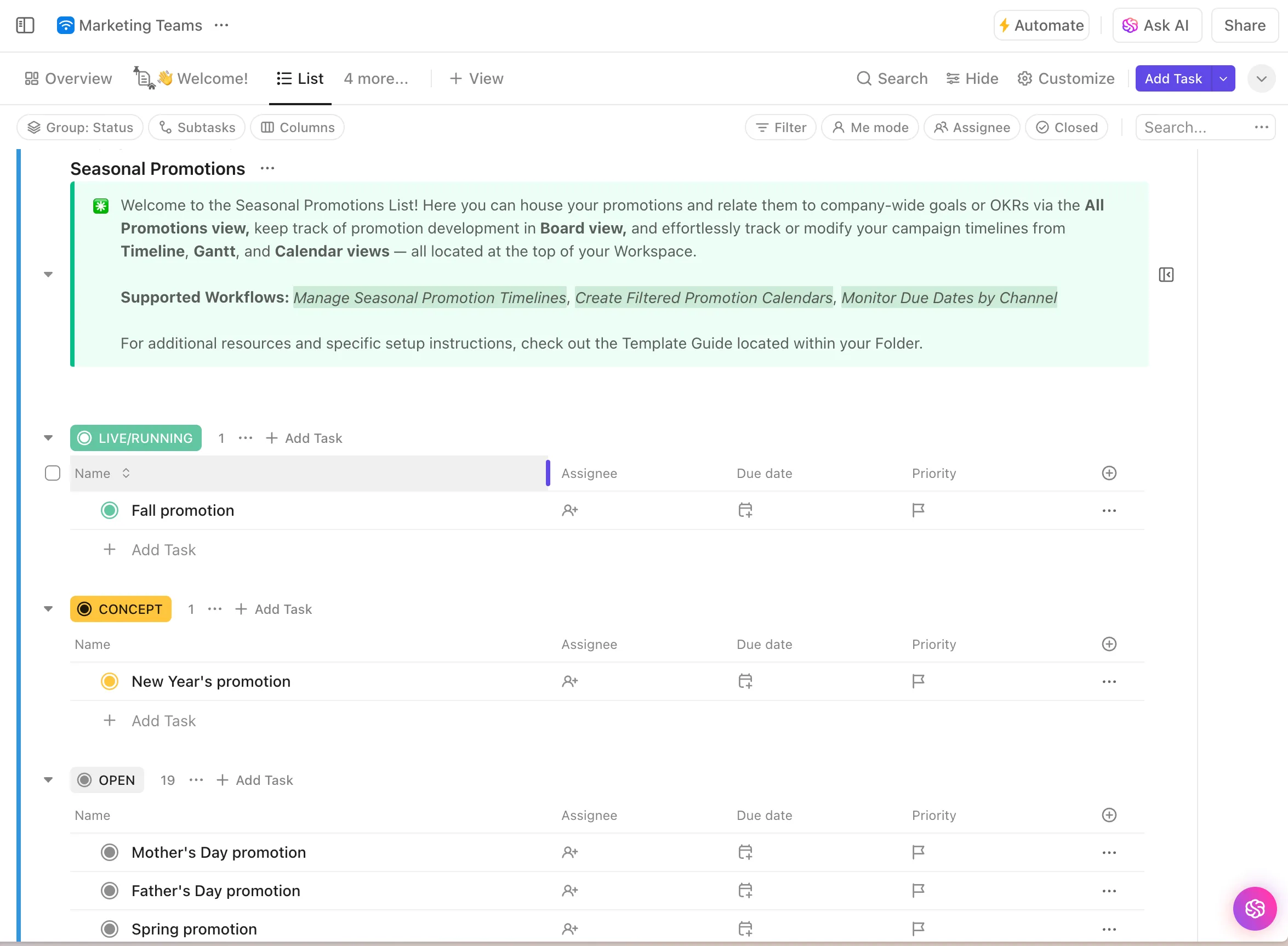 Modèle ClickUp pour les équipes marketing