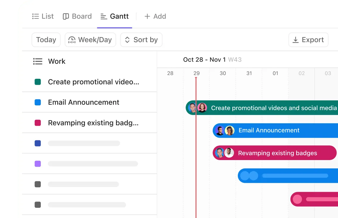 ClickUp Gantt-diagramvy: Skapa uppgiftsberoenden och tilldela uppgifter med lätthet