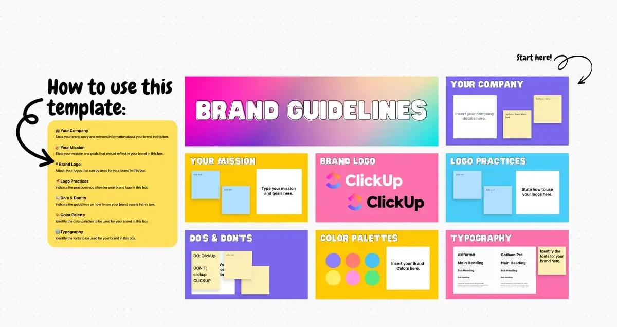 Modello di lavagna online per le linee guida del marchio ClickUp
