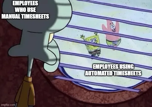 Meme sobre hojas de horas automatizadas frente a hojas de horas manuales.