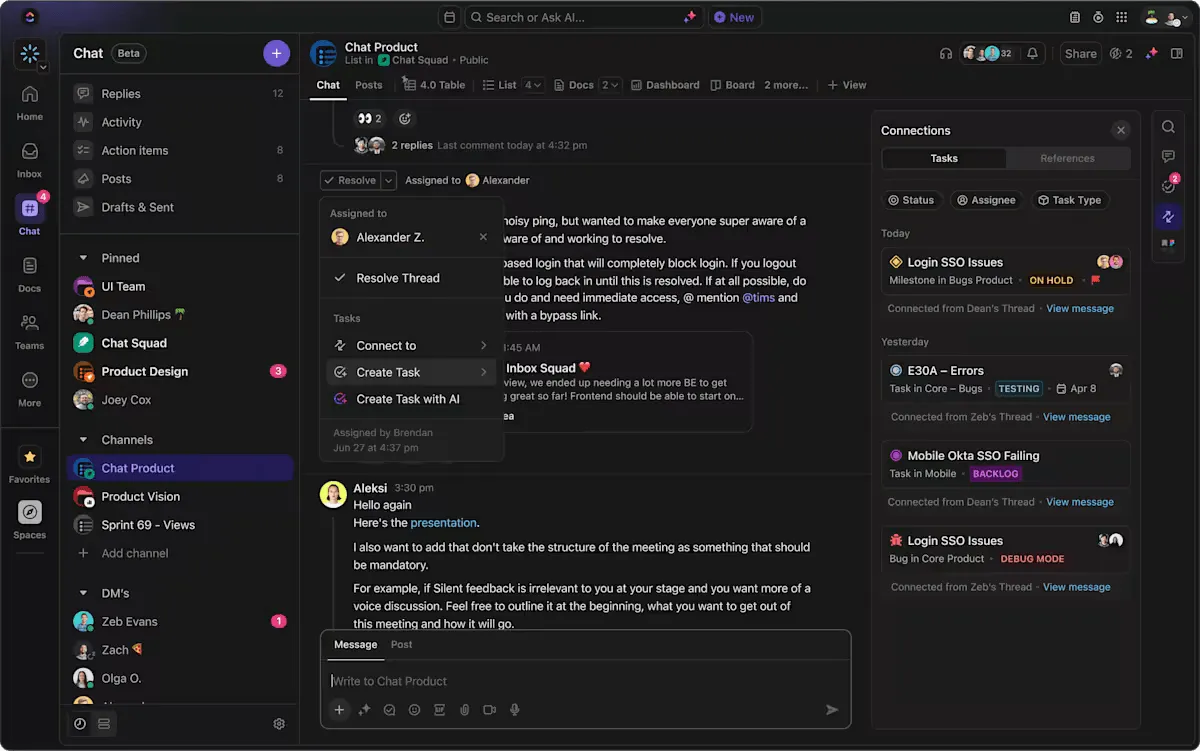 Połącz konwersacje z zadaniami i zachowaj scentralizowany kontekst dzięki ClickUp Chat