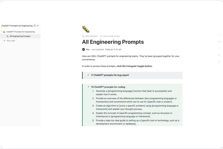 Шаблонът ChatGPT Prompts for Engineering на ClickUp е създаден, за да ви помогне да създавате съдържание за вашите инженерни проекти.