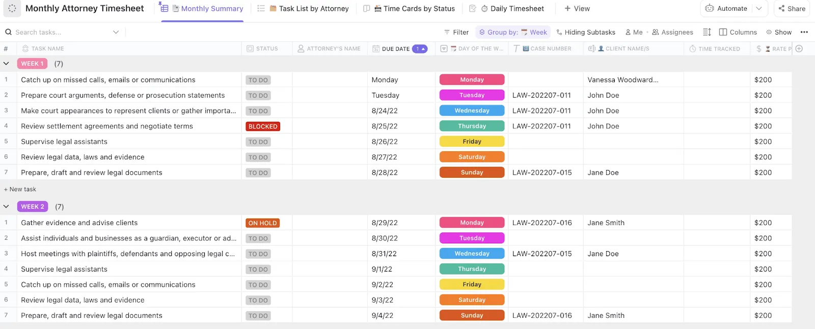 ClickUp-Vorlage für Anwalts-Timesheets