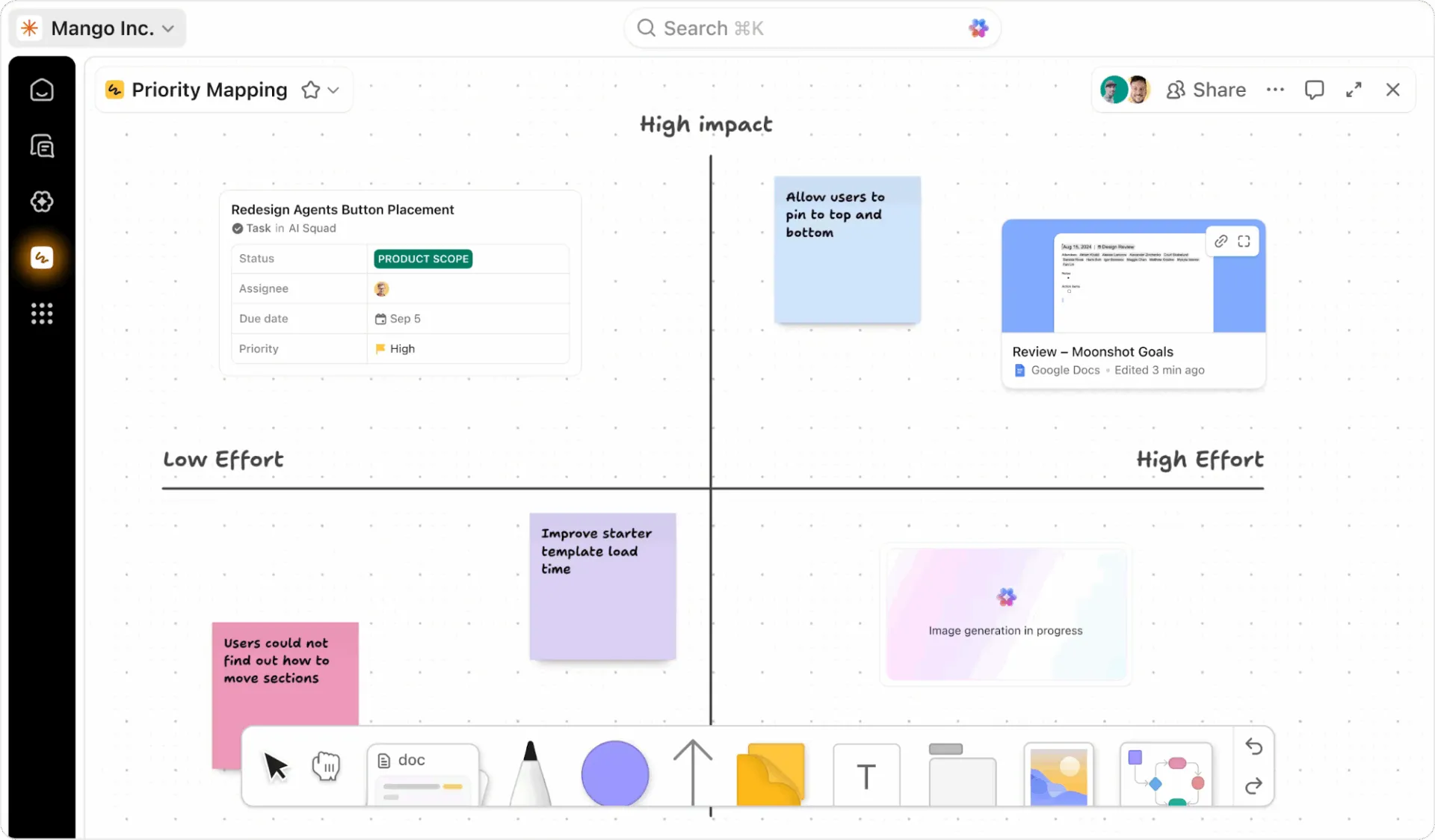 ClickUp Whiteboards: spazio di mappatura visiva che aiuta i team a esplorare le idee e collegarle direttamente ad attività lavorative concrete.