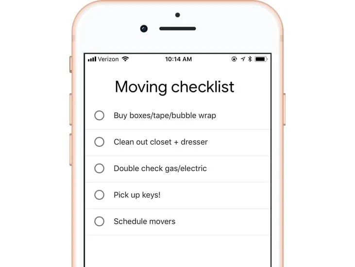 Capture d'écran d'une checklist évolutive sur Google Tasks