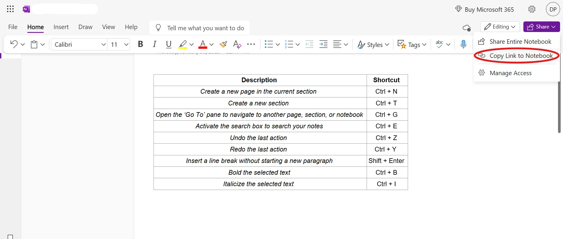 คัดลอกลิงก์ไปยังสมุดบันทึก: ทางลัด onenote