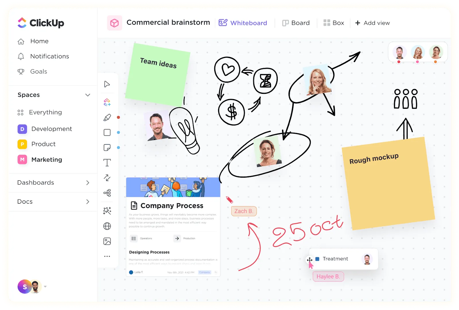 Visualisieren Sie Ihre Meetings, Diskussionen und Ideen mit ClickUp Whiteboards.