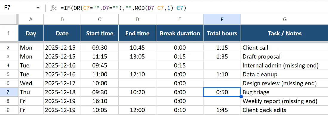Định dạng có điều kiện cho các mục nhập thiếu - Theo dõi thời gian trong Excel