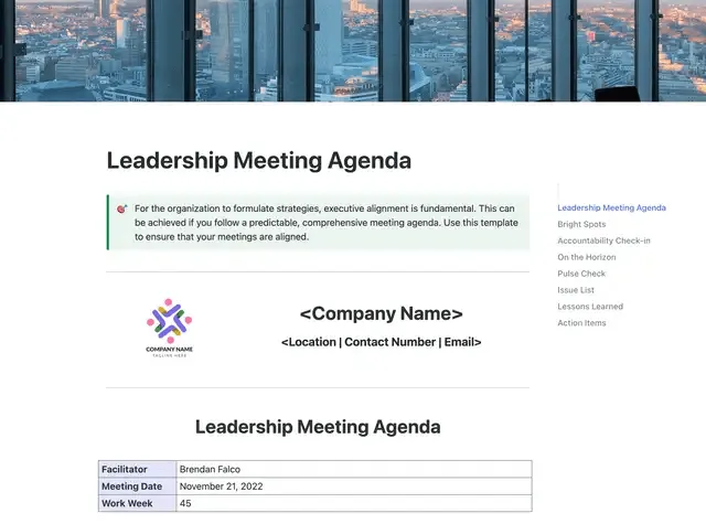 Mejora la eficacia de las reuniones planificándolas con la plantilla de agenda para reuniones de liderazgo de ClickUp.