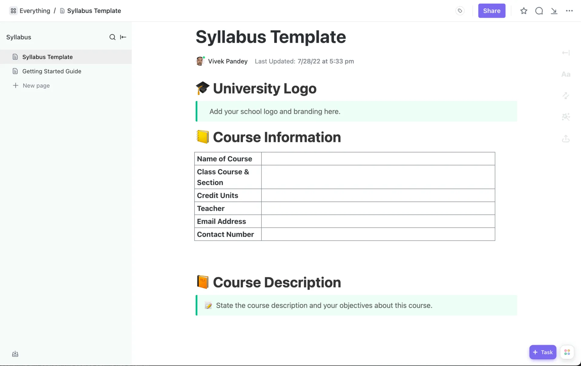 ClickUp-sjabloon voor syllabus