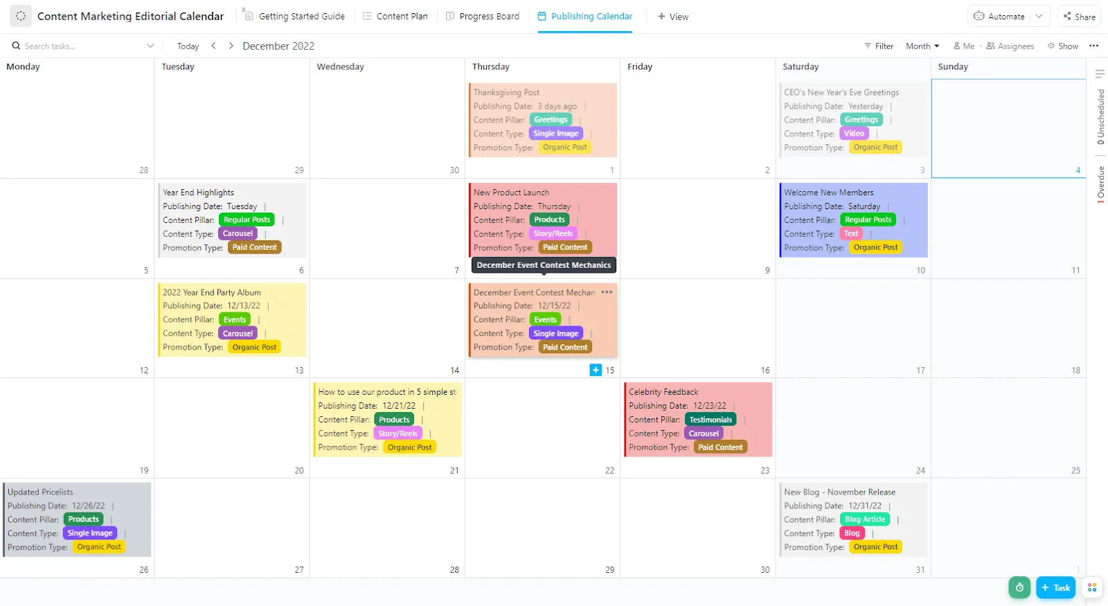 ClickUp-Vorlage für den redaktionellen Kalender für Content-Marketing
