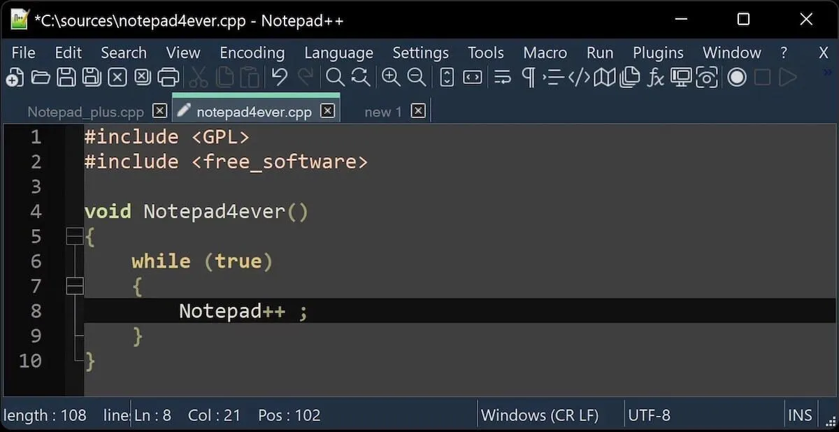 Vista del editor de código Notepad++