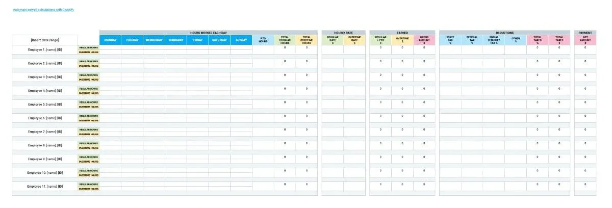 Bérszámfejtési naptár sablonok: Google Sheets heti bérszámfejtési sablon túlórákkal és Clockify PTO-val