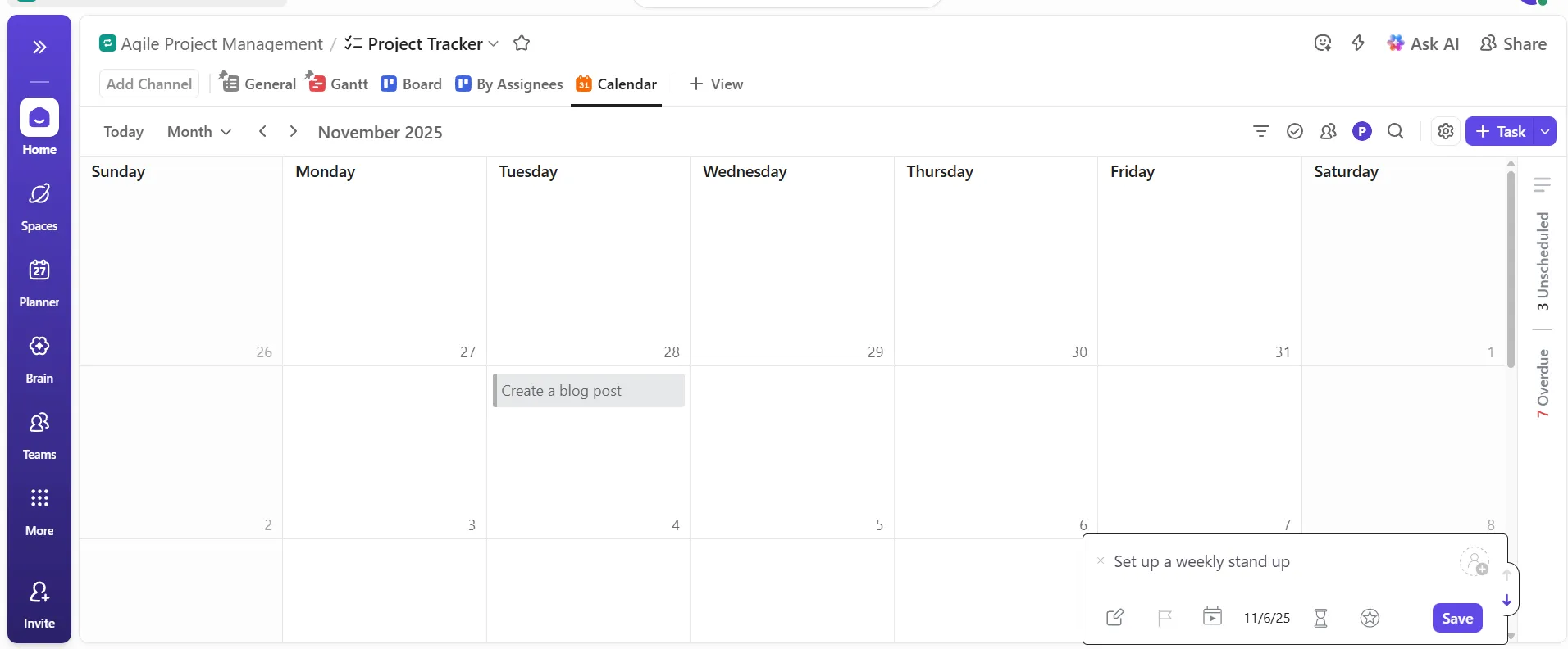 Visualização do calendário do ClickUp: interface do calendário sincronizada com o Google Agenda para agendamento
