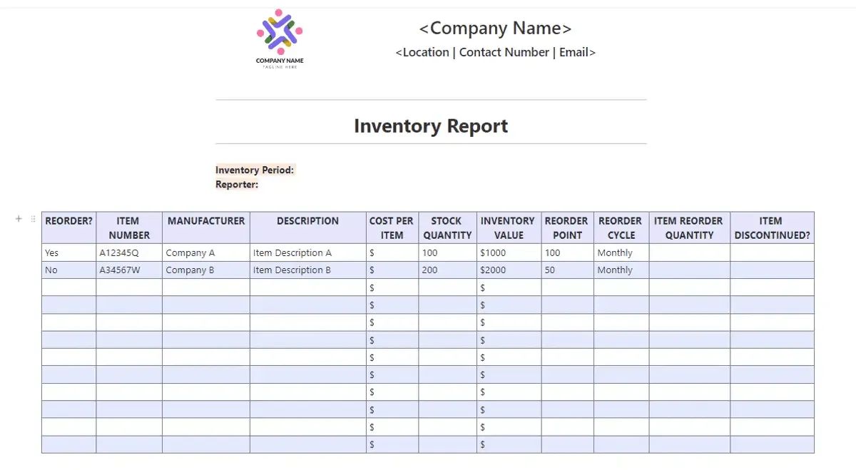 ClickUp-sjabloon voor voorraaprapportage en besteltracking