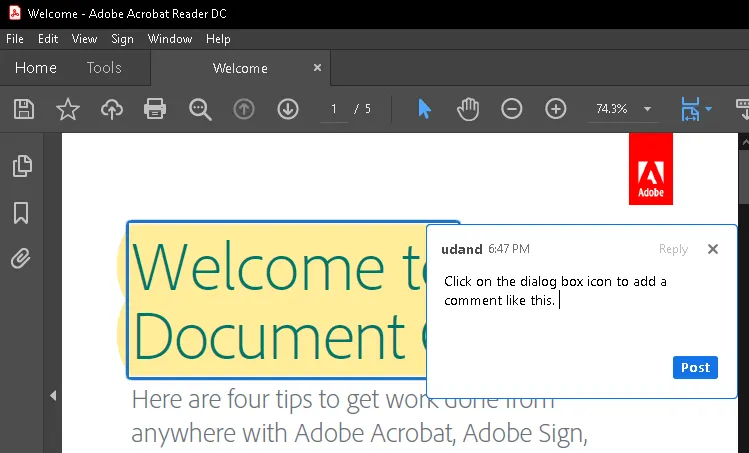 Boîte de commentaires dans Adobe Acrobat