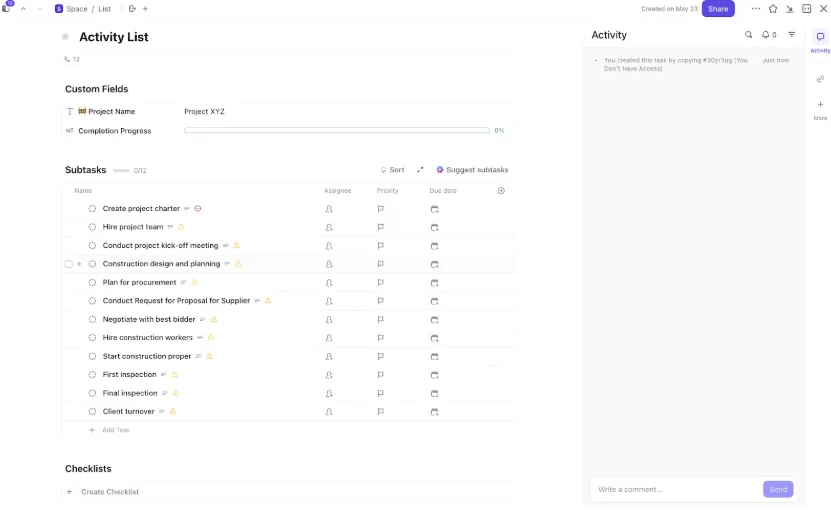 Template Daftar Aktivitas ClickUp