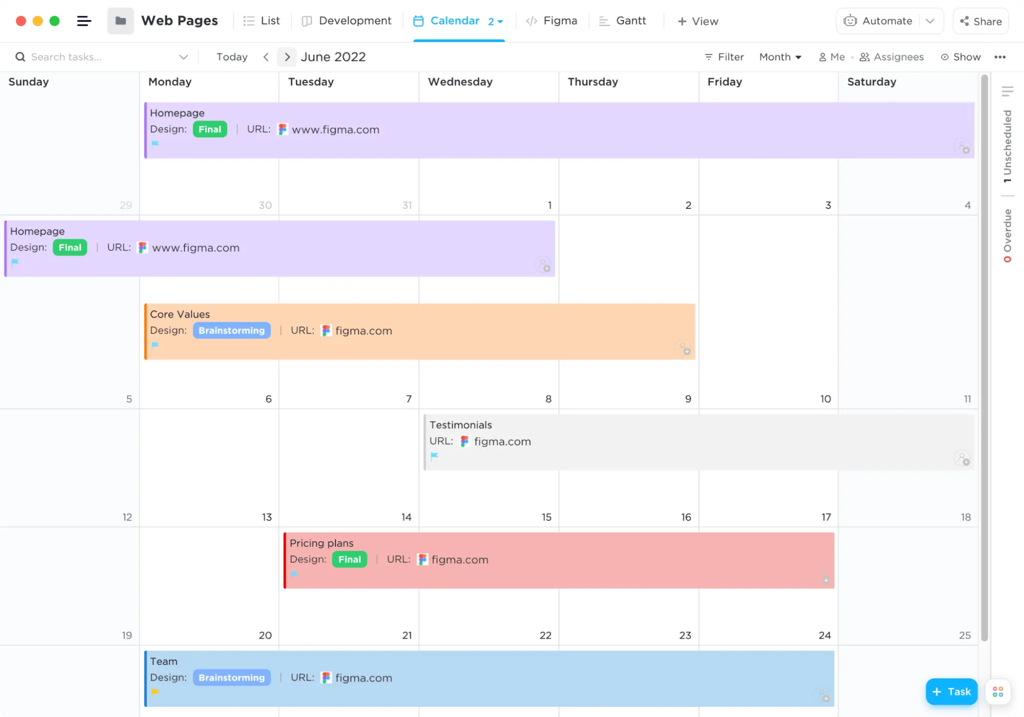 visualização do calendário no ClickUp