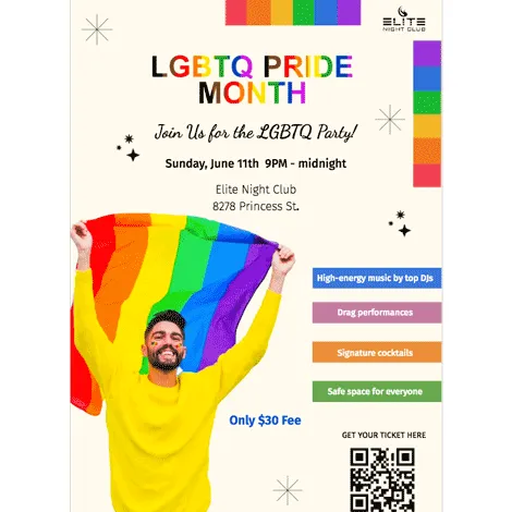 Modello di flyer per l'evento Pride Block Meetup: modello di volantino di Documenti Google